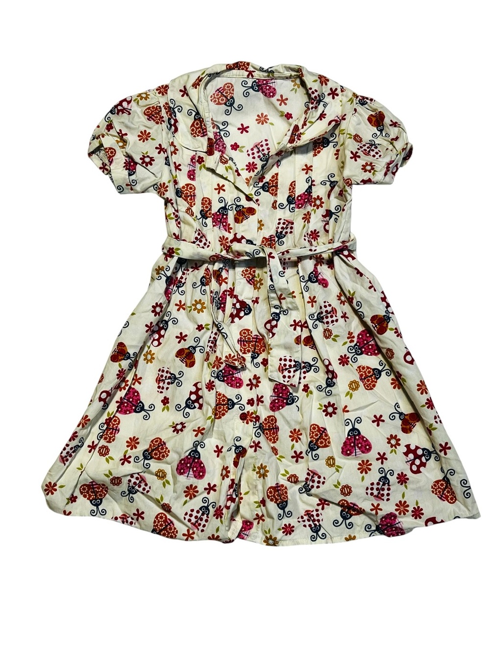 Girls Cream Short-Sleeve Button-Front Dress with Butterfly Print